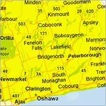 small map of service area, north, east, and west of Oshawa